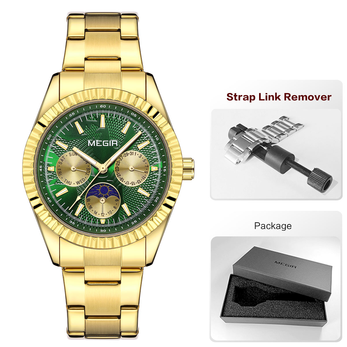 MEGIR Men's Quartz Watch with Stainless Steel Strap Fashion Business Style Wristwatch with Day Date 24-Hour Moon Phase Function