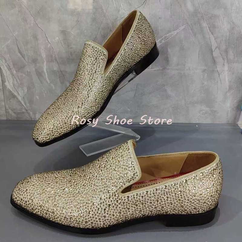 Men's Multicolor Luxury Handmade Diamond Loafers Pointed Toe Leather Rhinestones Slip On Fashion Flat Shoe Versatile Party Shoes