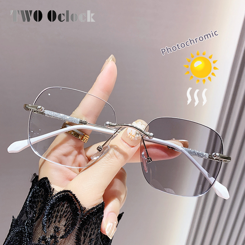 Women's Glasses Myopia Photochromic Sunglasses Rimless Prescription Glasses Graduated Optical Lenses Transparent Glasses Minus