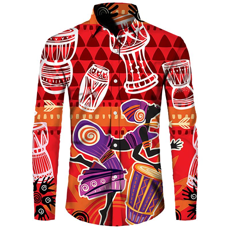 African Ethnic Pattern Hawaiian Shirts For Men Retro Drum 3D Printed Blouse Autumn Fashion Casual Loose Aloha Shirts Long Sleeve