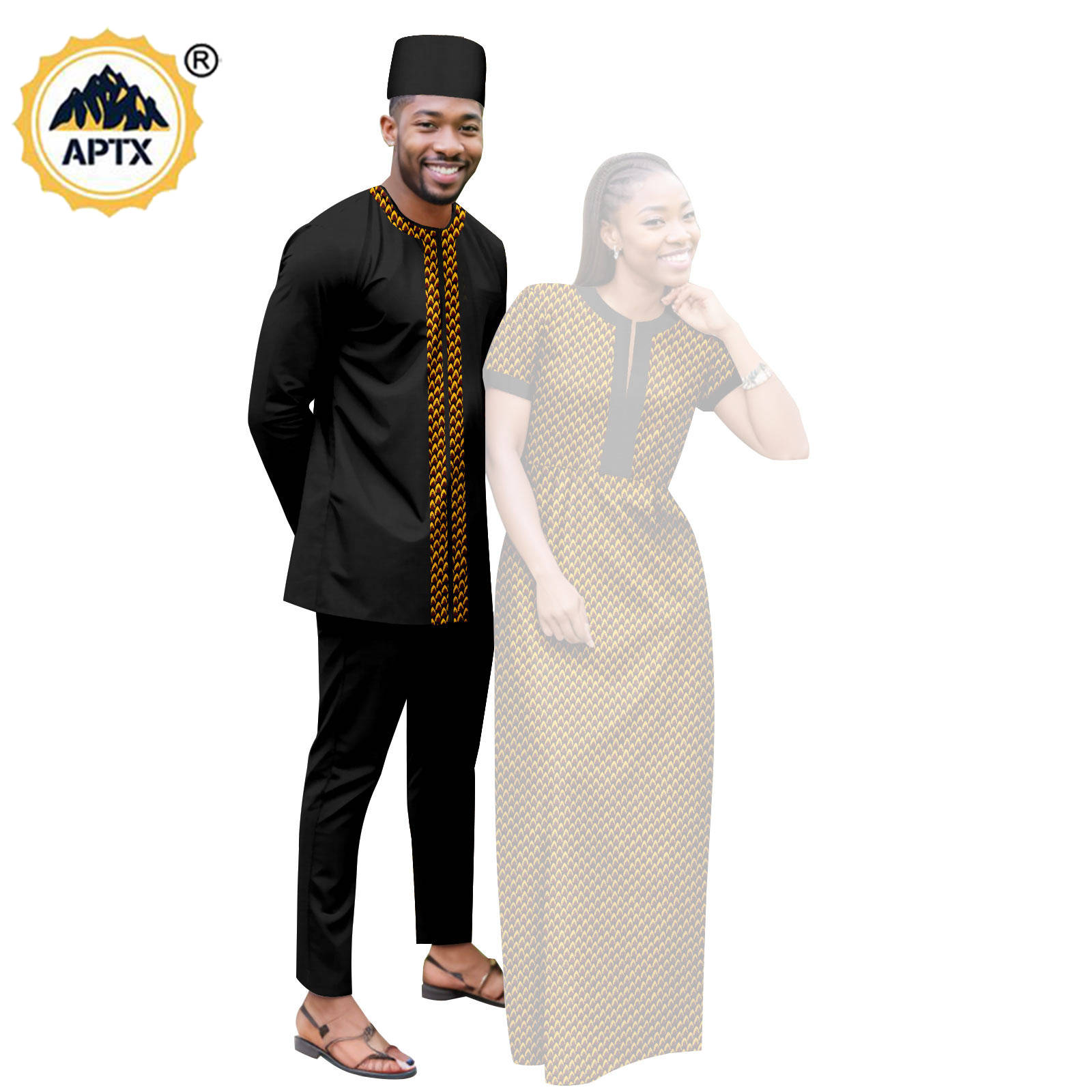 Dashiki African Clothes Print Long Dresses for Women Matching Couple Outfits Bazin Riche Men Hat Top Tee and Pant Sets Y23C119