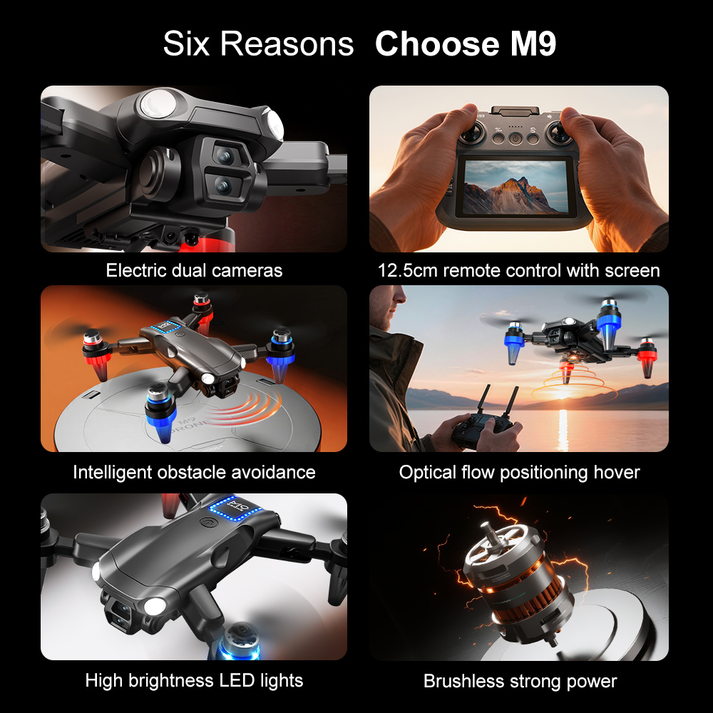 M9 Brushless Screen-Controlled Light Flow Obstacle-Avoidance Aerial Photography Drone, ESC Dual Cameras, 360-Degree Flips, WiFi