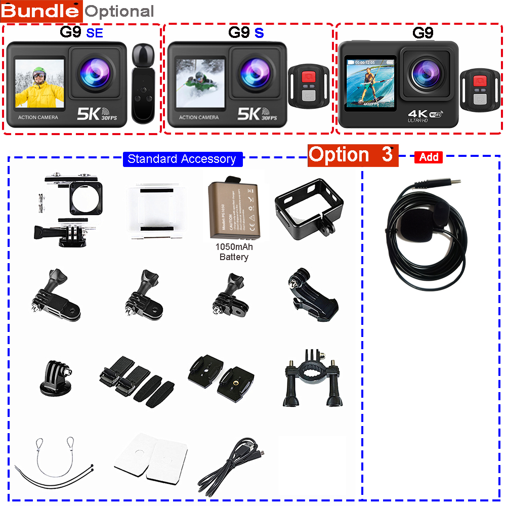 Action Camera 5K 4K60FPS 50MP 2.0 Touch EIS Pre-Record Wireless Mic Wi-Fi 170D DVR Webcam Waterproof 30M 5X Zoom Sports Camera