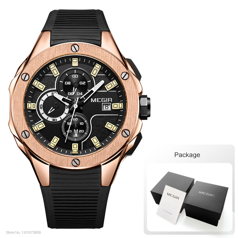 MEGIR Men's Sports Quartz Watches Fashion Silicone Strap Chronograph Wristwatch for Man Luminous Hands Waterproof 2053GBK