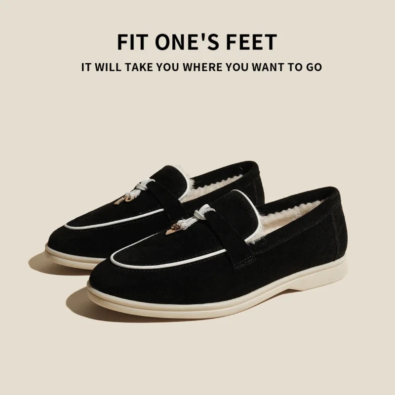 New Fleece Lined Genuine Leather Slip-On Loafers Flat Bottom Casual Shoes Men's Comfortable Soft Sole round Toe Flat Heel