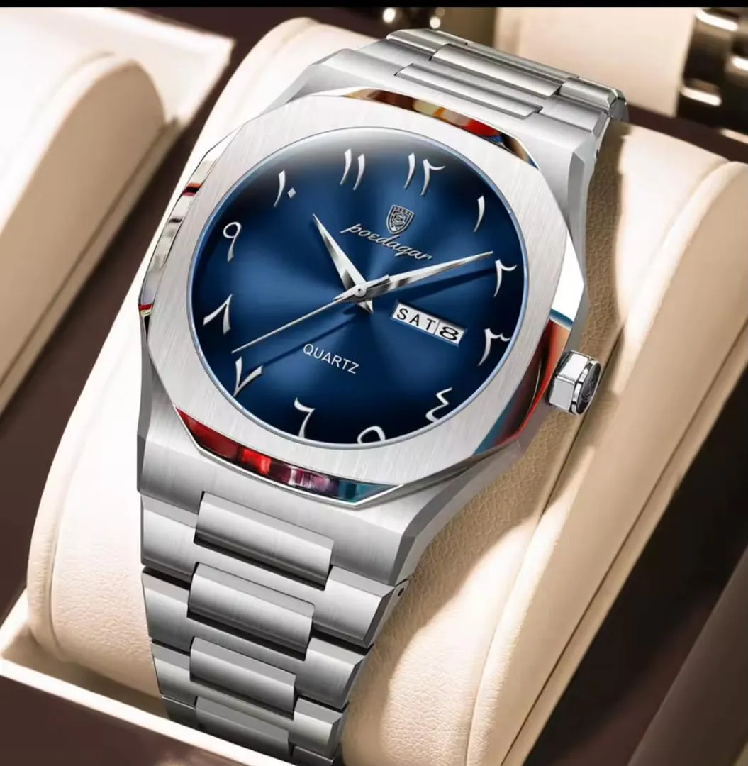 Pocdagar Men's Stainless Steel Quartz Watch - Blue Dial