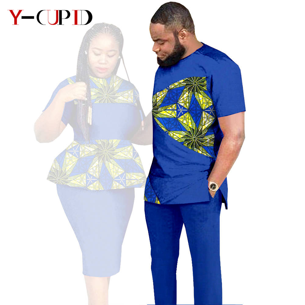 African Clothes for Couples Dashiki Women Patchwork Print Dresses Matching Men Outfit Top and Pants Sets Love Party Wear S20C010