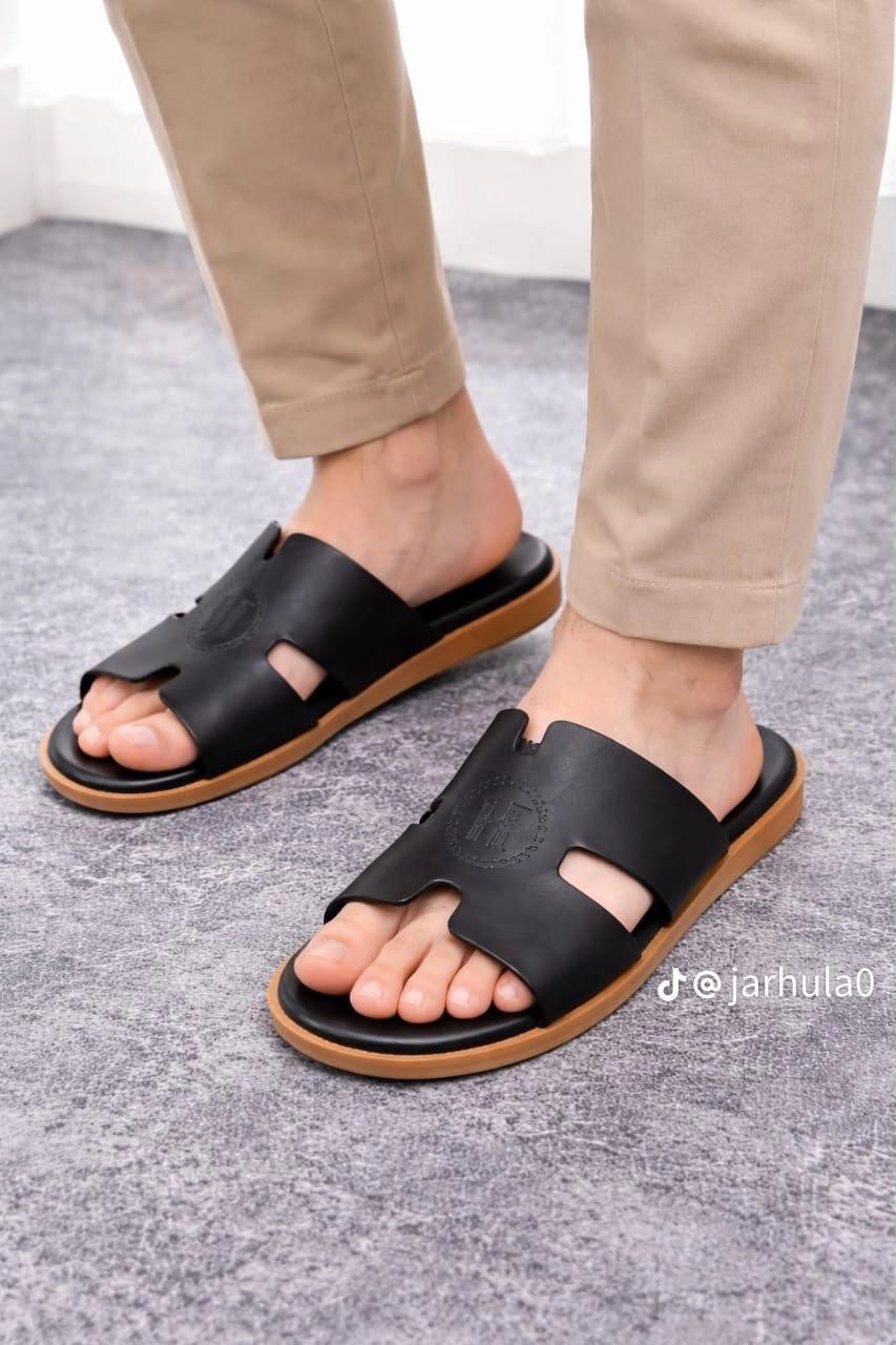 Chanel-Style Grey Leather Slide Sandals