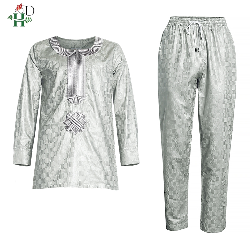 H&D African Clothes For Men Dashiki Top Pant 2 Pieces Outfit Set Riche Grey Embroidery Shirt Trouser Rich Bazin Original Muslim