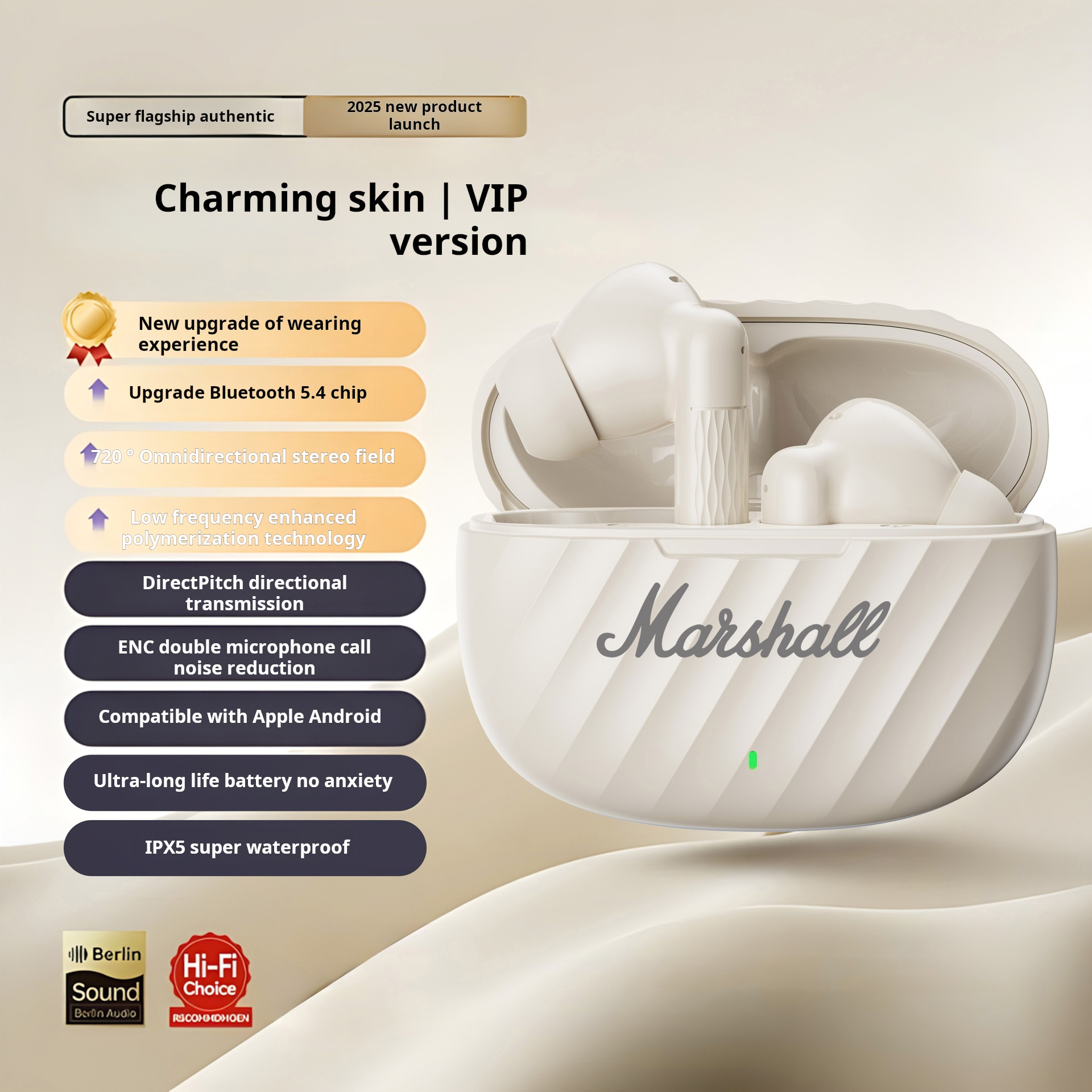 Marshall Bluetooth Headset In-Ear Wireless Sport Headphones HiFi Stereo Earphone With Mic Earbuds For for Android and Apple