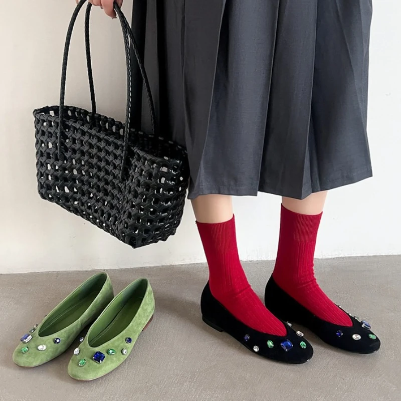 Luxury Colorful Gemstone Flats Women Comfortable Round Toe Shallow Suede Loafers for Ladies Elegant Brand Designer Casual Shoes