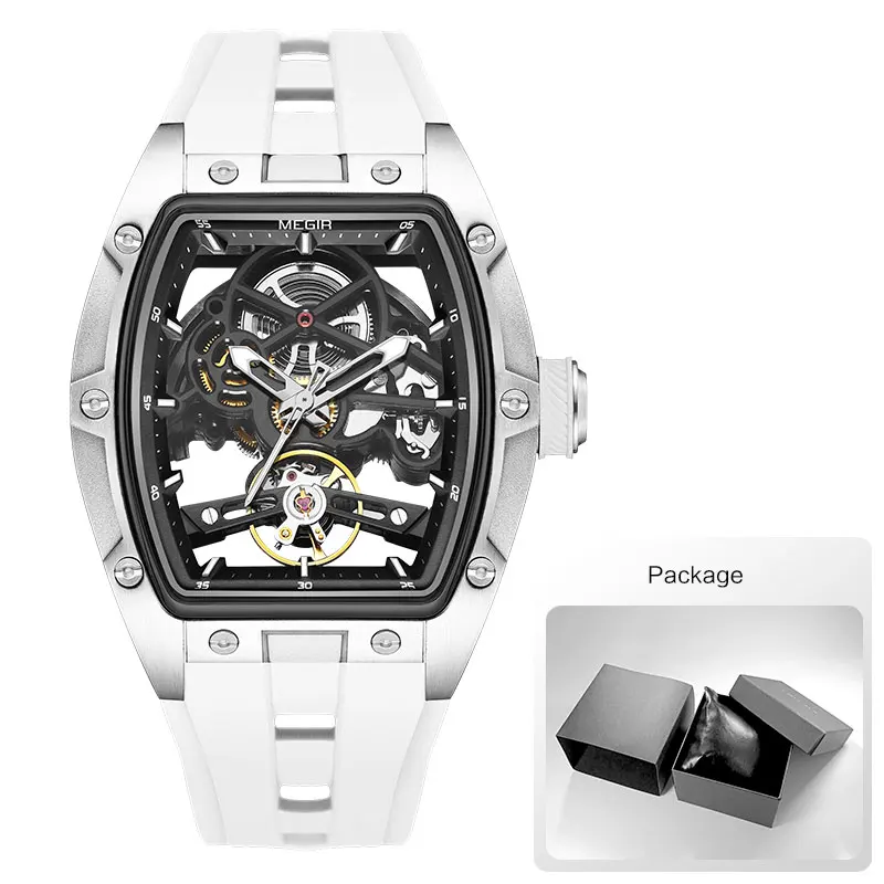 MEGIR Men's Automatic Mechanical Watch with Stainless Steel Case Silicone Band Skeleton Dial Waterproof Sport Wristwatch