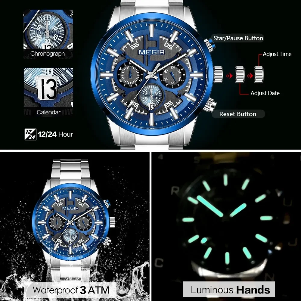 MEGIR 2220 Men's Quartz Watch Fashion and Elegant Business Chronograph Calendar Waterproof Stainless Steel Strap Watches for Man