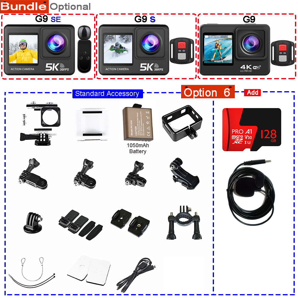 Action Camera 5K 4K60FPS 50MP 2.0 Touch EIS Pre-Record Wireless Mic Wi-Fi 170D DVR Webcam Waterproof 30M 5X Zoom Sports Camera