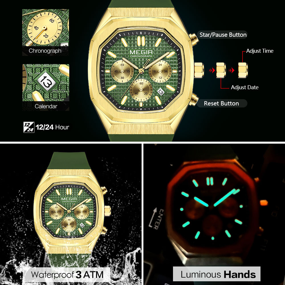 MEGIR Green Gold Quartz Watch Men Chronograph Sport Wristwatch with Luminous Hands Silicone Strap Date 24-hour Octagon Case