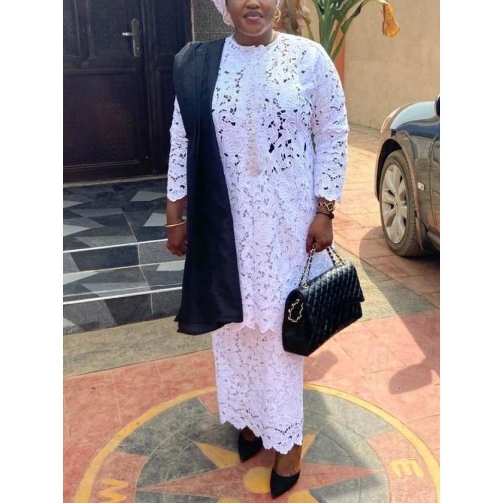 Women White Lace Two Pieces Set Loose Long Tops Shirt with High Waist Skirt Elegant African Clothing Kaftan Church Occasion New