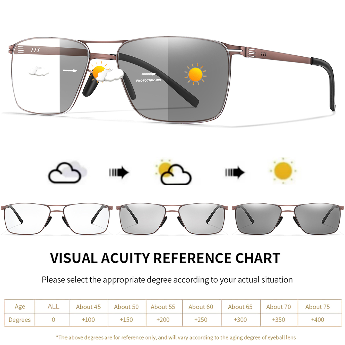 Fashion Photochromic Reading Glasses Vintage Rectangular Metal-Frame Eyeglasses Presbyopic Glasses daily wear