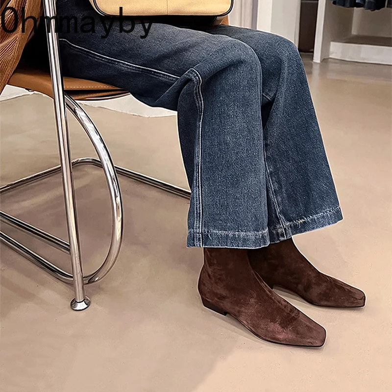 Winter Short Plush Women Ankle Boots Fashion Square Toe Short Booties Ladies Elegant Low Heels Largas Booties