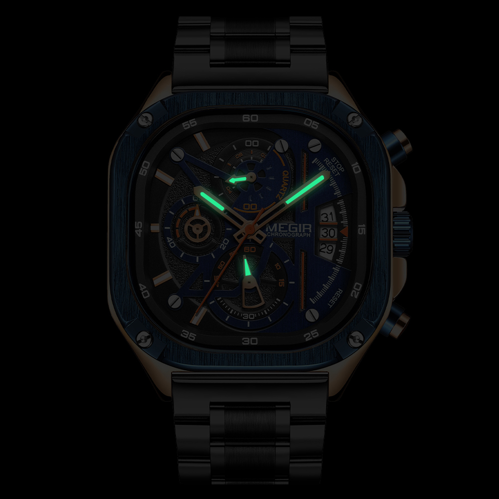 MEGIR Square Dial Chronograph Quartz Watches for Men Fashion Sports Male Wristwatch Stainless Steel Strap with Luminous Hands