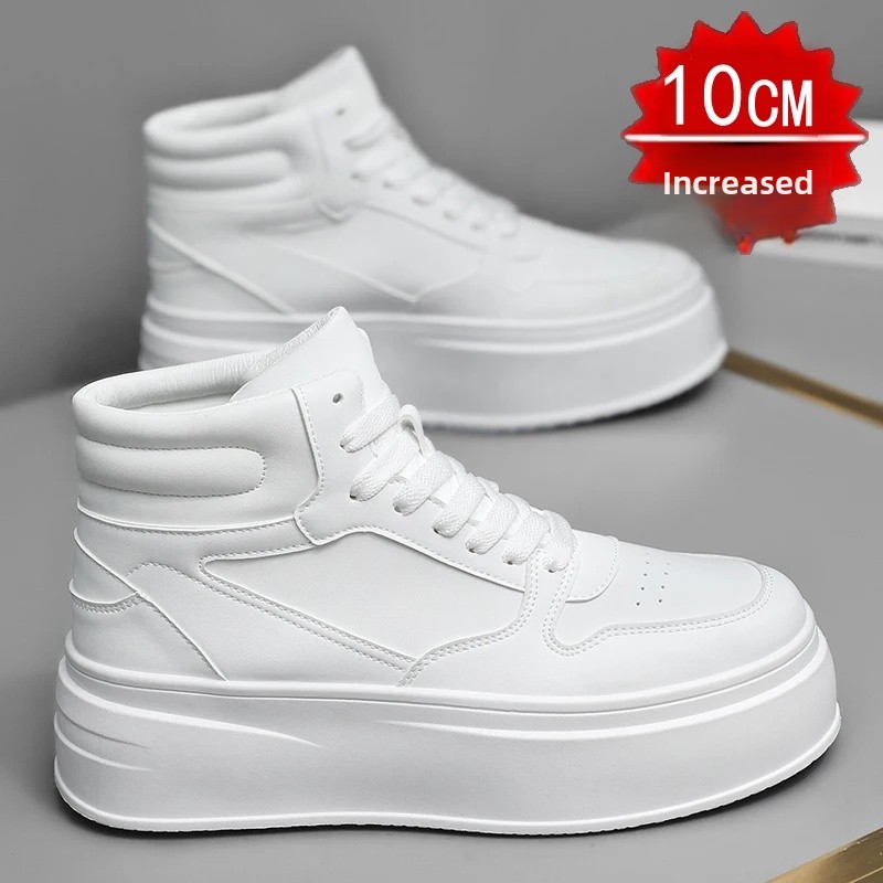 New Autumn/Winter Men's Casual Sneakers 12cm Increased Height 10cm Thick Sole White Shoes High Top Rubber Base Male Footwear