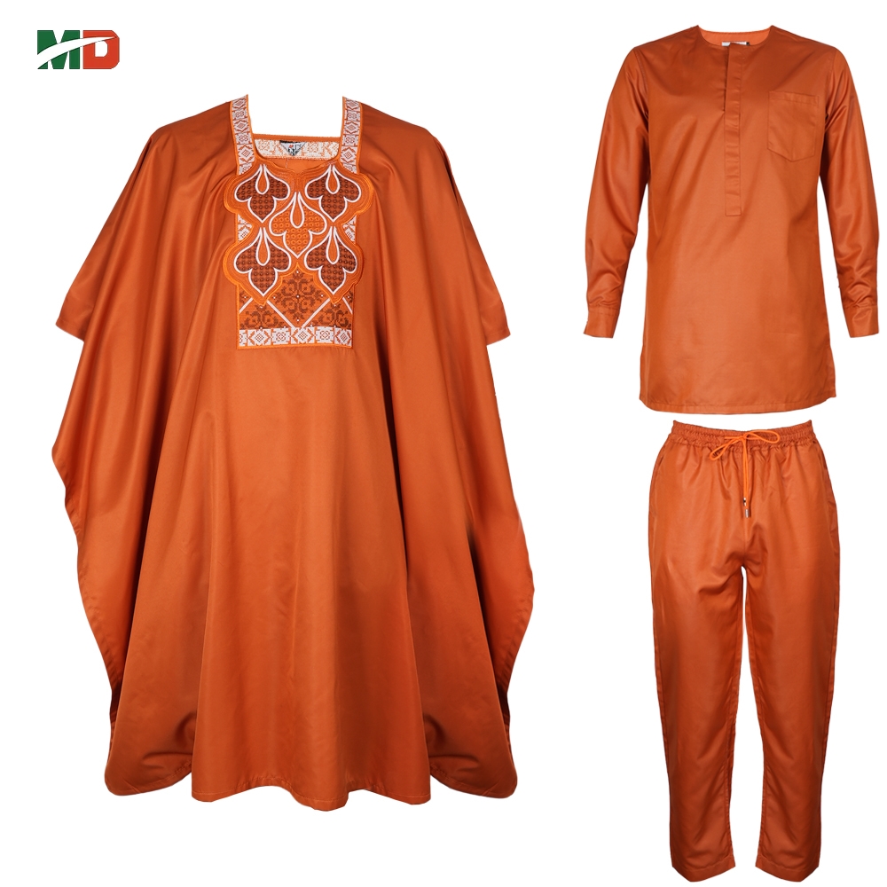 MD 2025 African Boubou Men Agbada 3 pieces Set Orange Dashiki Mens Shirt Pants Suit Embroidered Clothes Wedding Tops Pants Suit