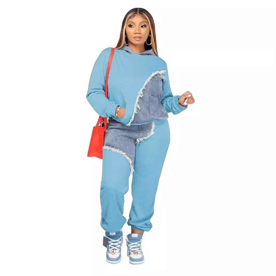 2 Piece Women Set Dashiki African Clothes Spring Autumn New Fashion Long Sleeve Denim Top And Pants Suit Party Matching Sets