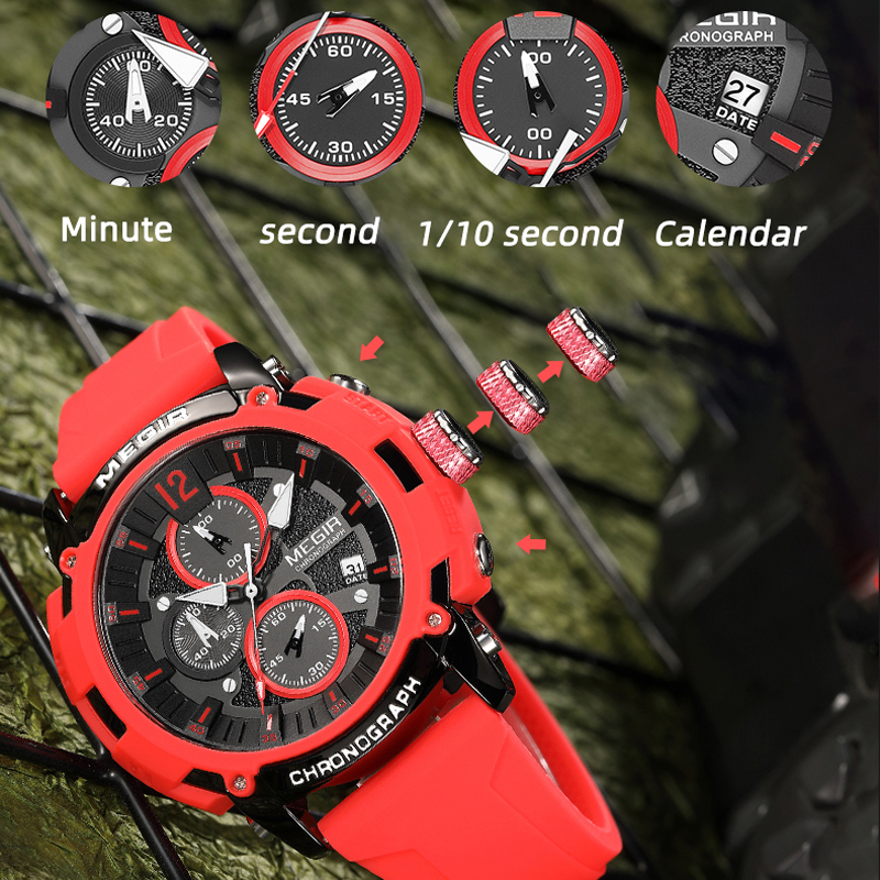 Megir Men's Chronograph Analog Quartz Watch for Men with Date Luminous Hands Orange Silicone Strap Waterproof Wristswatch Male