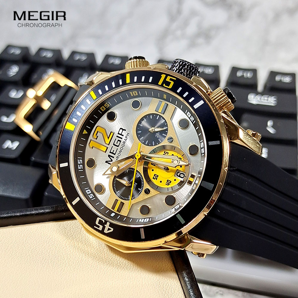 MEGIR Chronograph Watches for Men Fashion Military Sport Silicone Strap Wristwatch with Auto Date Waterproof Quartz Watch часы