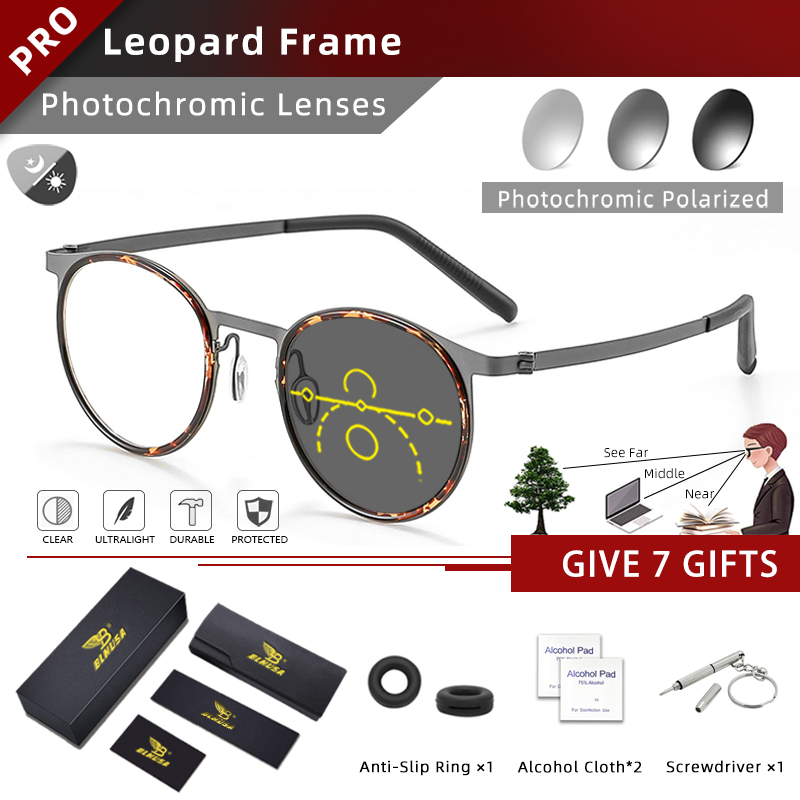 BLMUSA Vintage Round Optical Frame Anti Blue Light Reading Glasses for Men Ultralight Titanium Progressive Photochromic Glasses