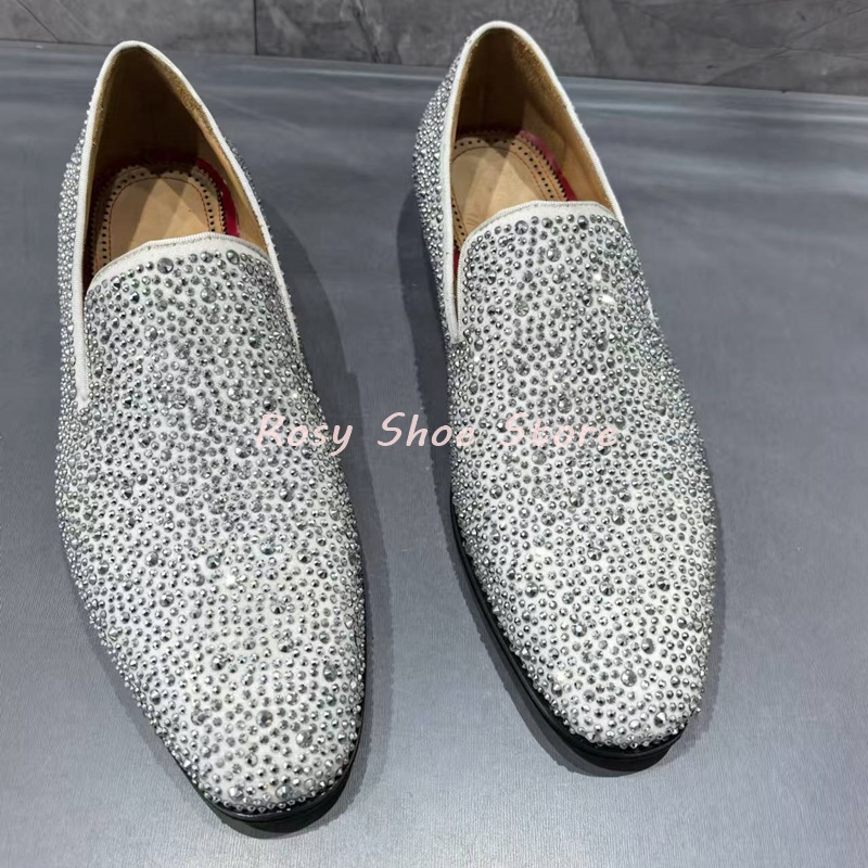 Men's Multicolor Luxury Handmade Diamond Loafers Pointed Toe Leather Rhinestones Slip On Fashion Flat Shoe Versatile Party Shoes