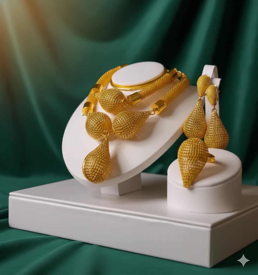 Golden Mesh Teardrop Jewelry Set - Necklace, Earrings & Ring