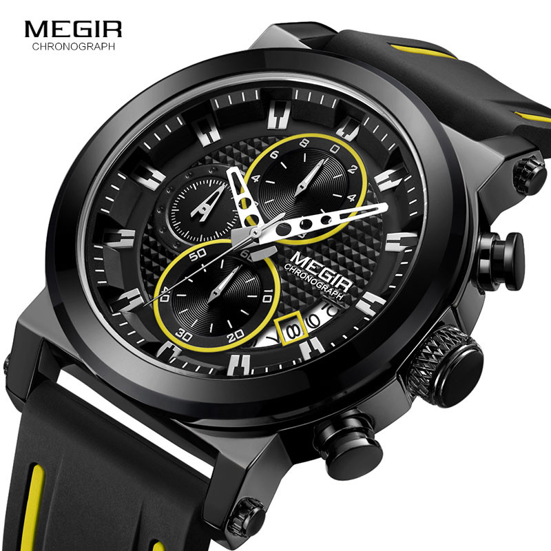 Megir Men's Sports Quartz Watches Silicone Strap Chronograph Army Wrist Watch Man Relogios Masculino Waterproof 3 Bar 2100 Black