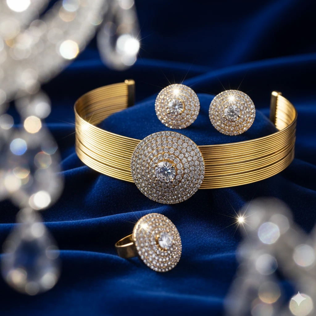 Golden Multi-Strand Choker & Crystal Medallion Jewelry Set