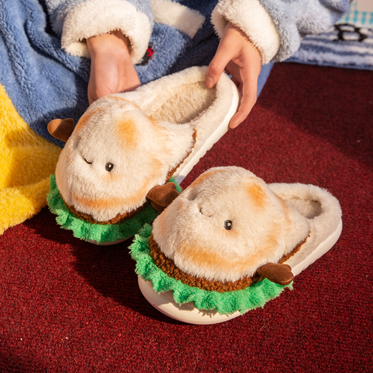 Creative and Fun Peanut-Shaped Home Warm Cotton Slippers for Women, Ins-Style Plush Non-Slip Winter Indoor Ladies' Slippers