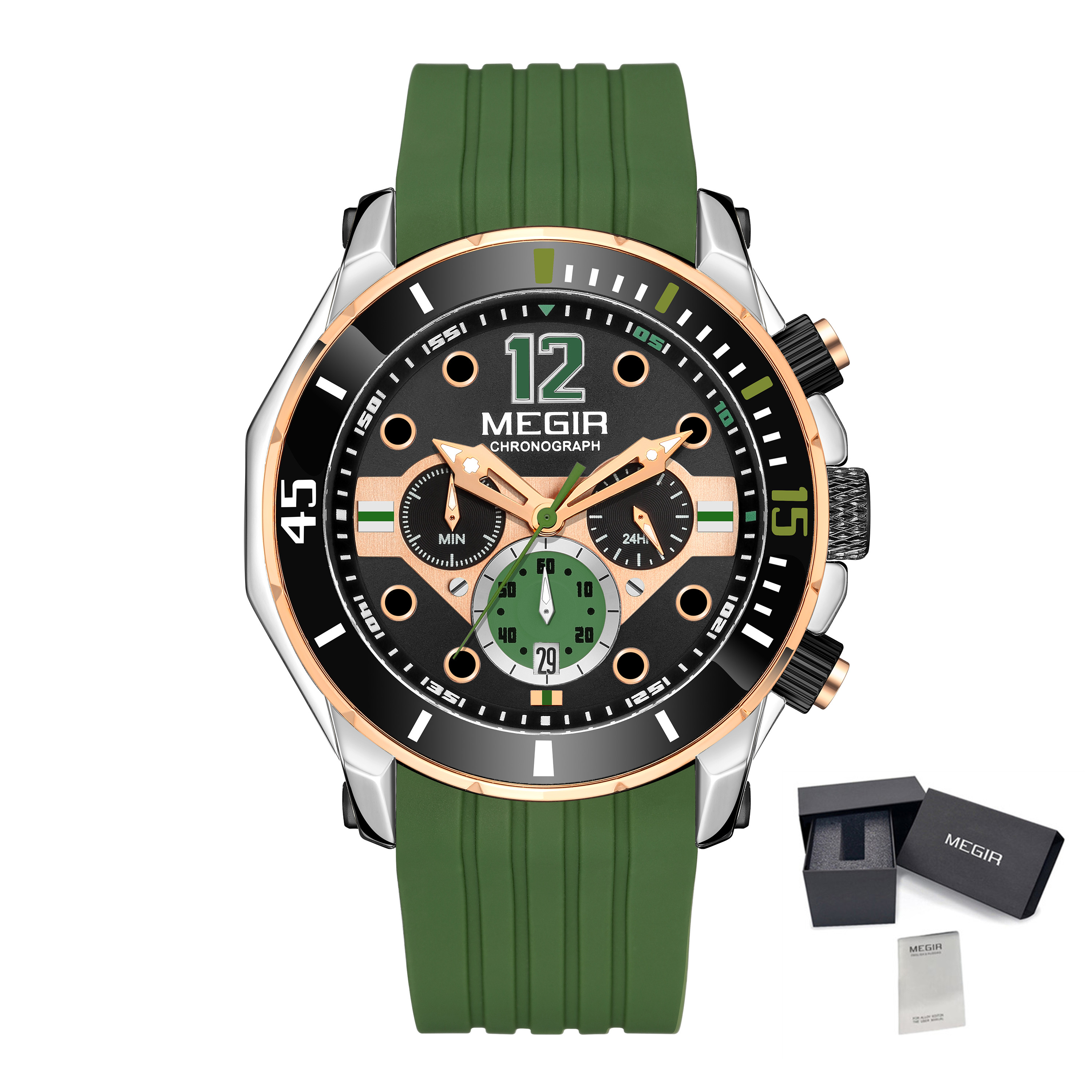 MEGIR 2206 Silicone Strap Men's Sport Watches Chronograph Waterproof Calendar Quartz Wristwatch Male Clock Relogio Masculino