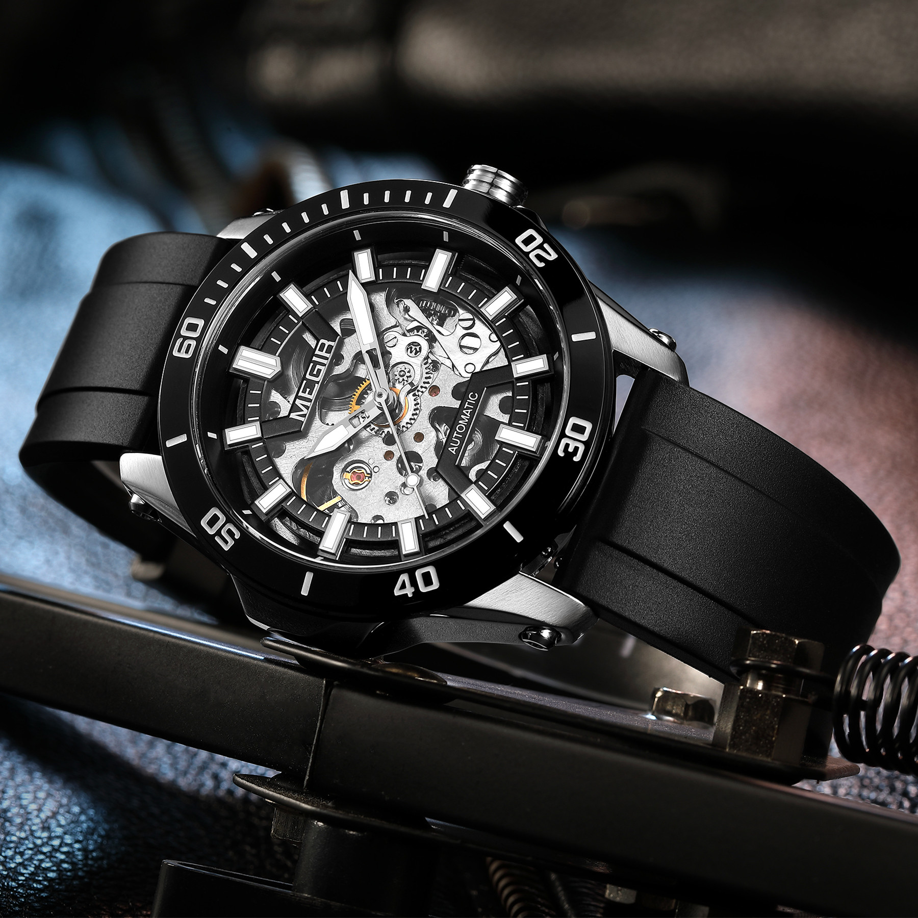 MEGIR Hollow Out Mechanical Watch for Men Fashion Stainless Steel Case Sapphire Full Automatic Wristwatches Montre Homme 8605