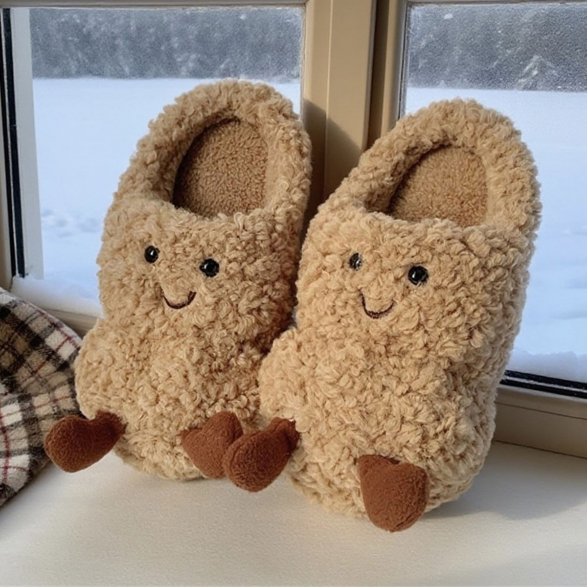 Creative and Fun Peanut-Shaped Home Warm Cotton Slippers for Women, Ins-Style Plush Non-Slip Winter Indoor Ladies' Slippers