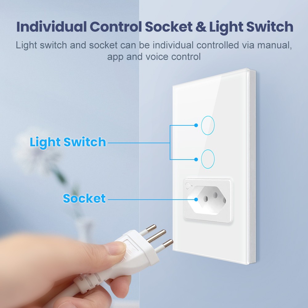 AVATTO Tuya WiFi/Zigbee Smart Light Switch with Socket,Brazil Stand 16A Touch Button Wall Switch,Work for Alexa Google Home