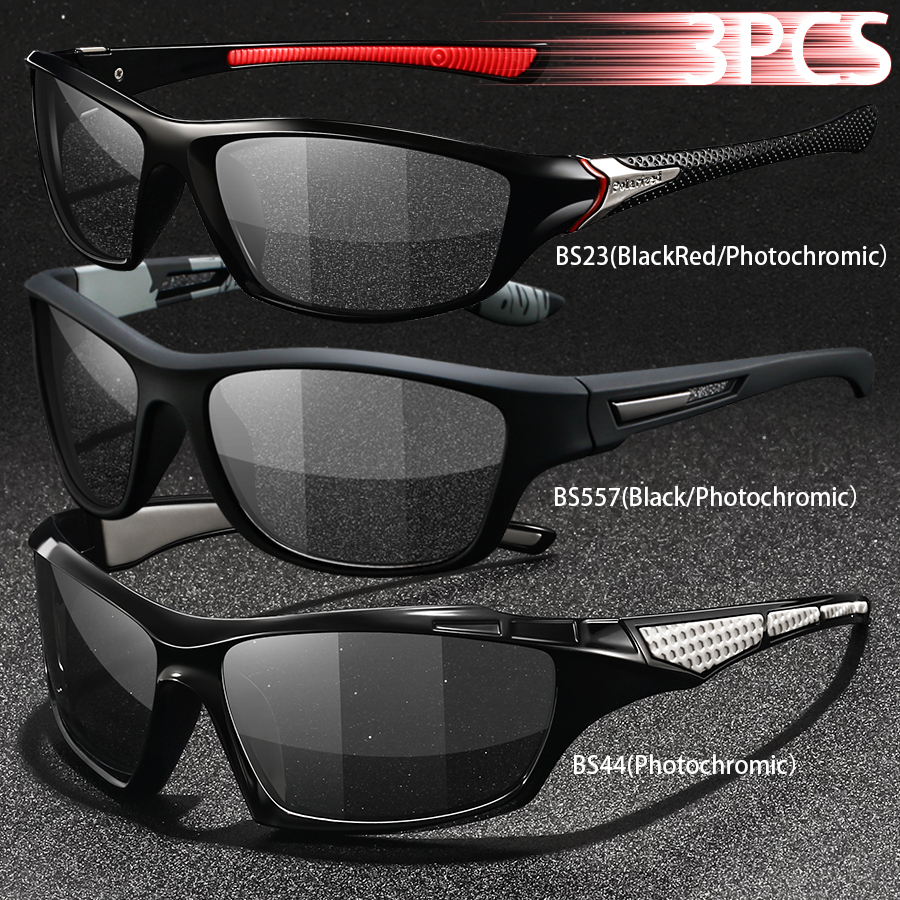 3PCS Photochromic Polarized Sports Vintage Sunglasses Men Women Cycling Driving Mountaineering Chameleon Sun Glasses UV400Eyewer