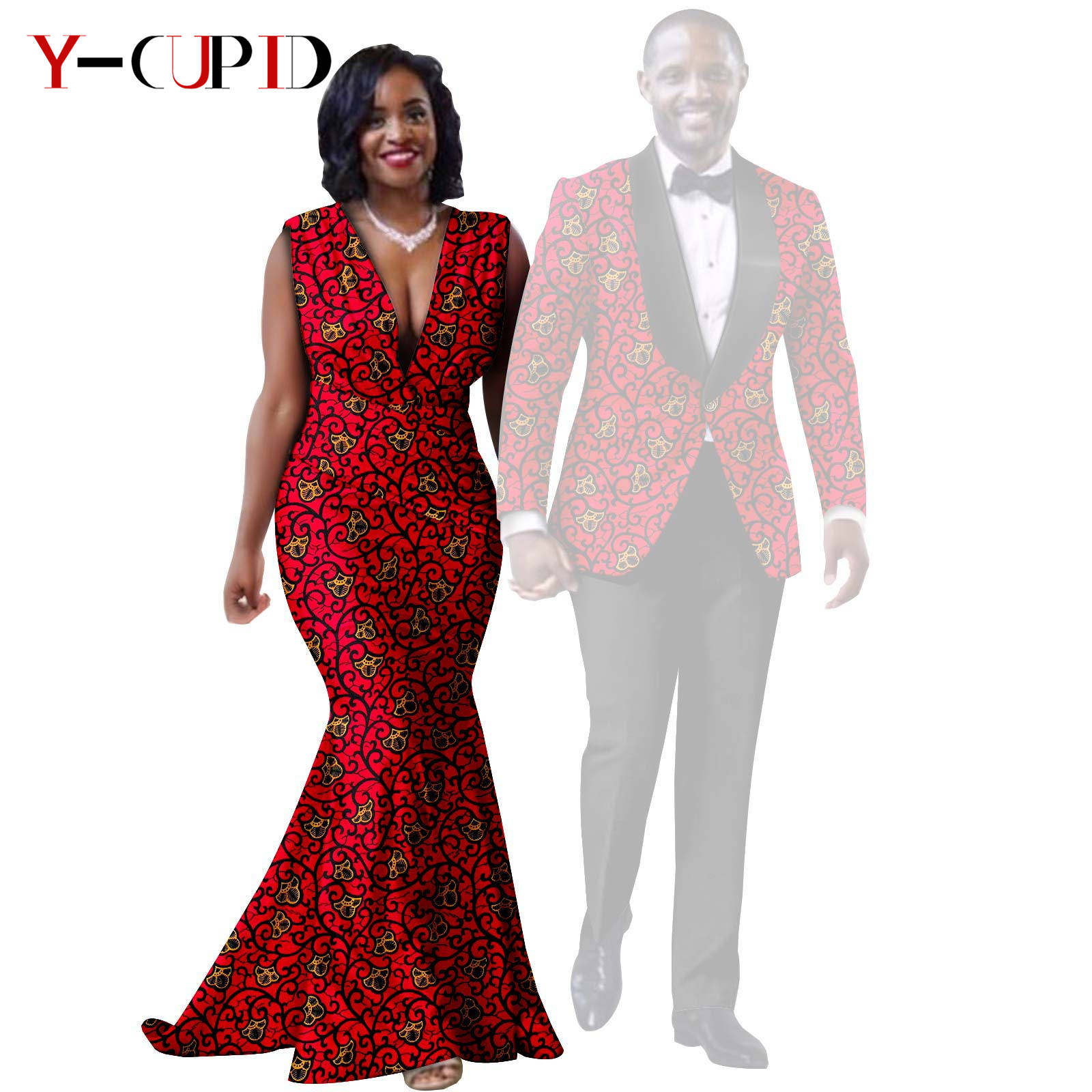 African Print Long Mermaid Dresses for Women Matching Couple Clothes Men Suits Top and Pant Sets Dashiki Party Wedding 25C005