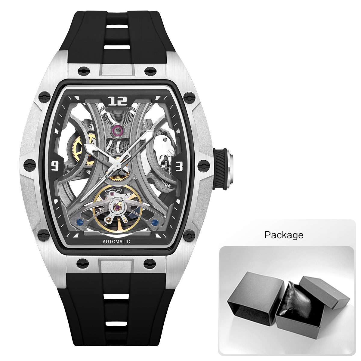 MEGIR Fashion Sports Mechanical Watch for Men Automatic Self-winding Wristwatch with Silicone Strap Transparent Tonneau Dial