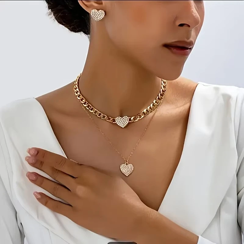 Diamond-Encrusted Heart Lock Pendant Necklace - Three-Piece Hip Hop Style Choker Set