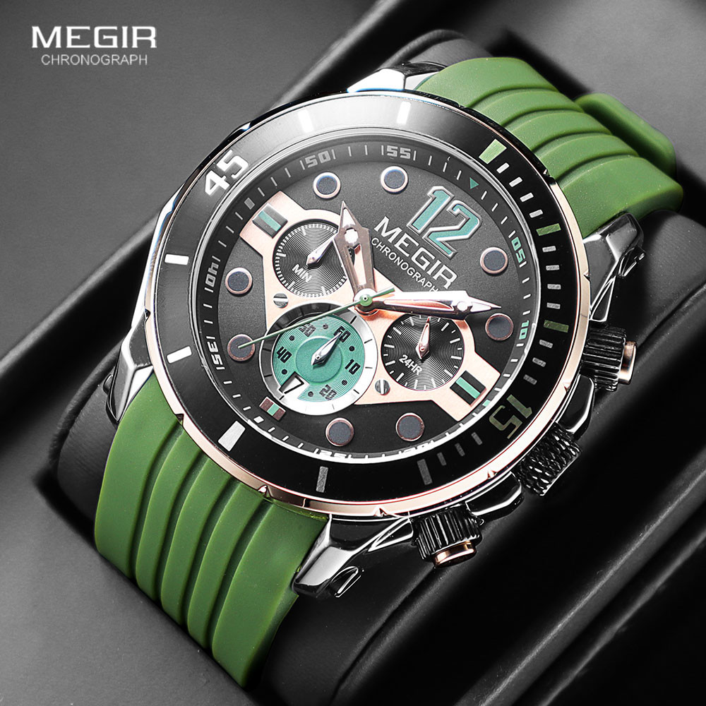 MEGIR Olive Green Sport Watches for Men Fashion Chronograph Quartz Wristwatch Waterproof 24-hour Display Watch часы мужские 2206