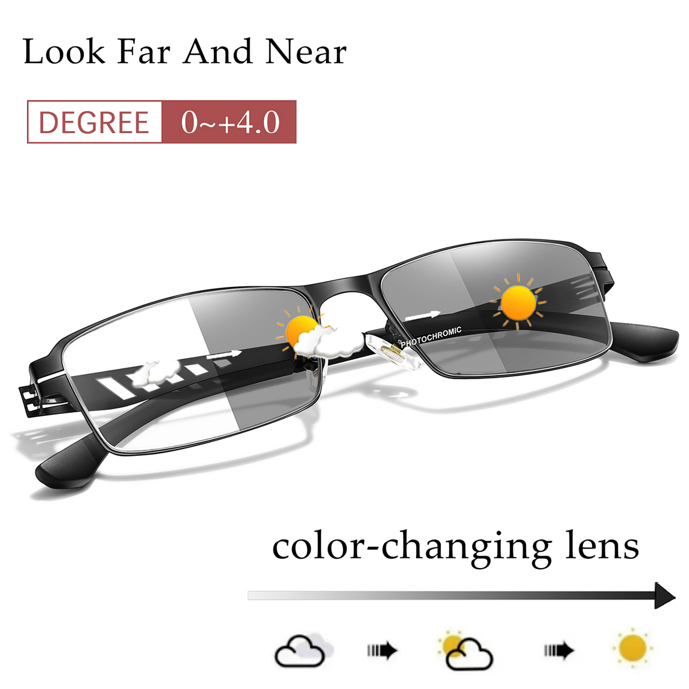 Fashionable Photochromic Reading Glasses Metal-Frame Vintage Rectangular Eyewear for Presbyopic Glasses and daily wear