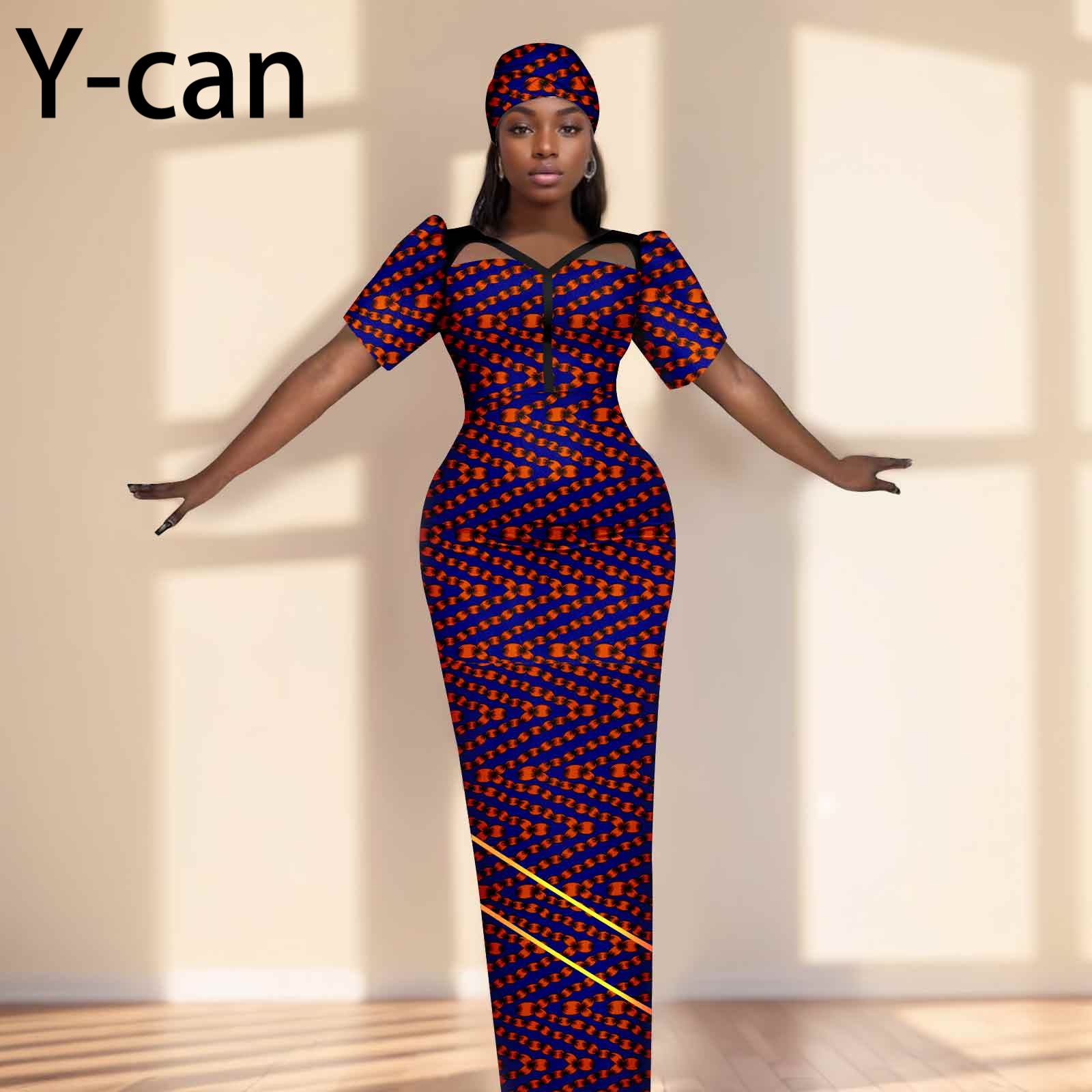 Party Gown African Dresses for Women Slim Fit Short Sleeve Dress Evening Vestidos with Headwrap Dashiki Ankara Print 2525071