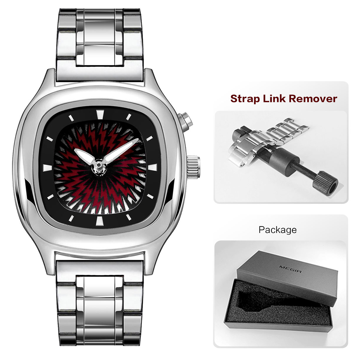 Retro Millennium Watch for Men with Dynamic Flame Dial Unique Creative Quartz Wristwatch with Stainless Steel Strap Square Case