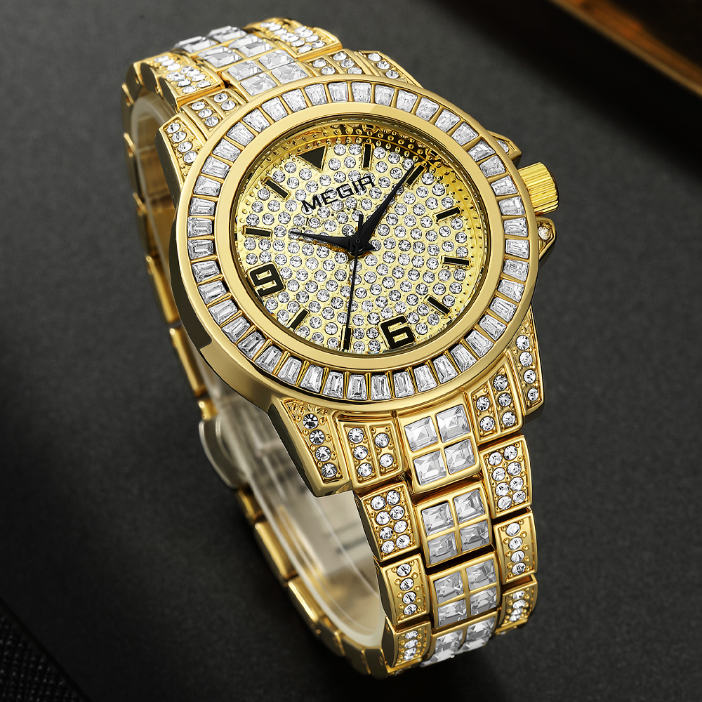 MEGIR Quartz Watch for Men Luxury Diamonds Golden Watch Man Waterproof Rhinestone Wrist Watch Business Men's Steel Band Watches