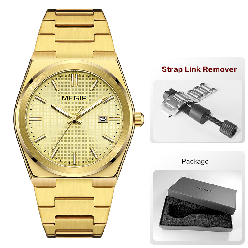 MEGIR Fashion Analog Quartz Watch for Men Steel Strap Dress Waterproof Luminous Wristwatch with Calendar Aquamarine Dial 1086