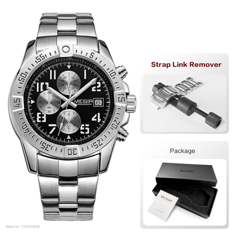 Megir Mens Chronograph Stainless Steel Quartz Watches Fashion Waterproof Luminous Round Dial Wristwatch for Man with Date M2030