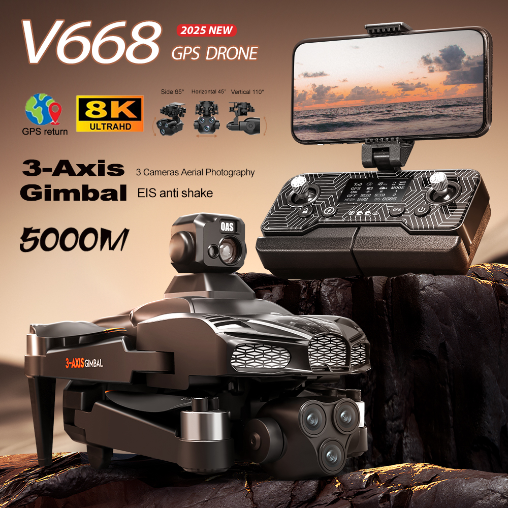 V668 GPS Drone 8K Professional 3-Axis PTZ HD Three Camera 5G WIFI FPV Dron Obstacle Avoidance Brushless Motor RC Quadcopter Toys